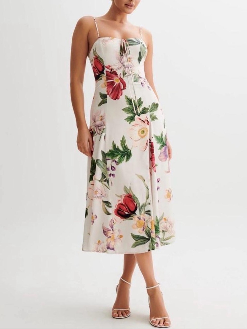 Meshki White Floral Spaghetti-Strap Midi Dress | Luciana